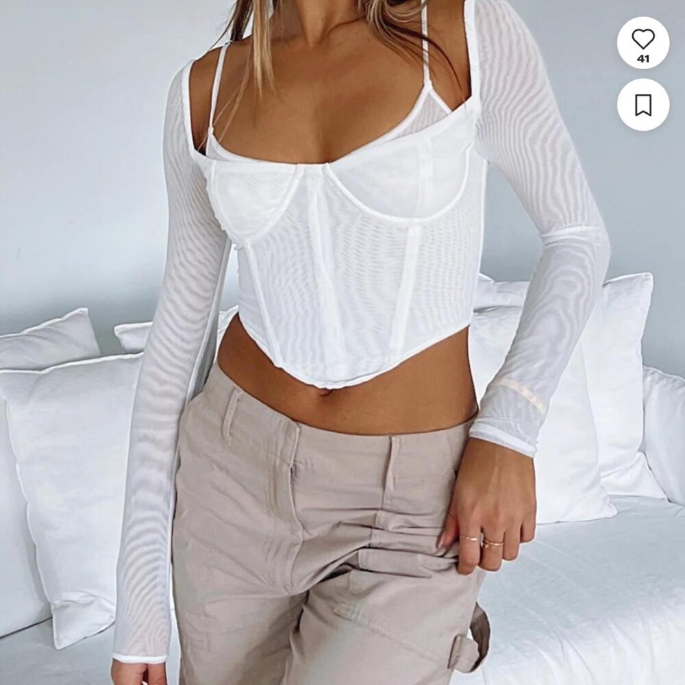 WHITEFOX MESH WHITE CORSET SLEEVE CROP TOP - MEDIUM